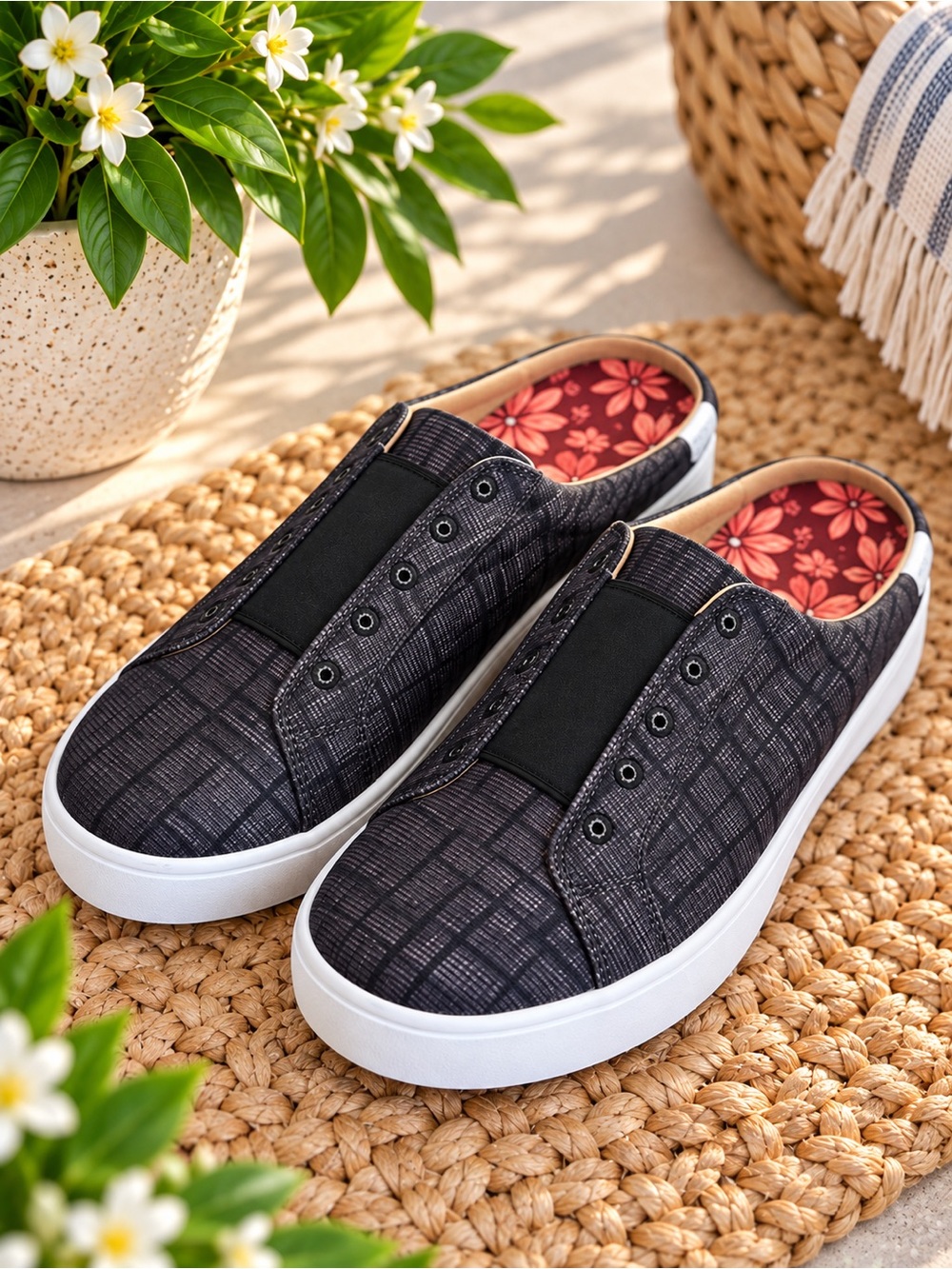 Revitalign Harmony Petal Black Plaid Slip-On Sneaker Mules Size 9 old money #89